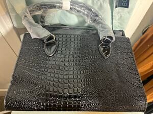 BCBG Black Croc Embossed Glossy Satchel Top Handle Bag Zip Detachable Strap